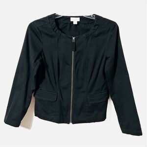 Ann Taylor LOFT Black Cotton Jacket Zip Front Back Ruffle Accents Pockets SP 🖤